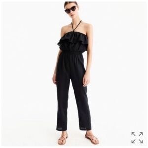 J Crew Black Linen Pant Jumpsuit w tie neck (tassels) and ruffled bodice. Sz M.